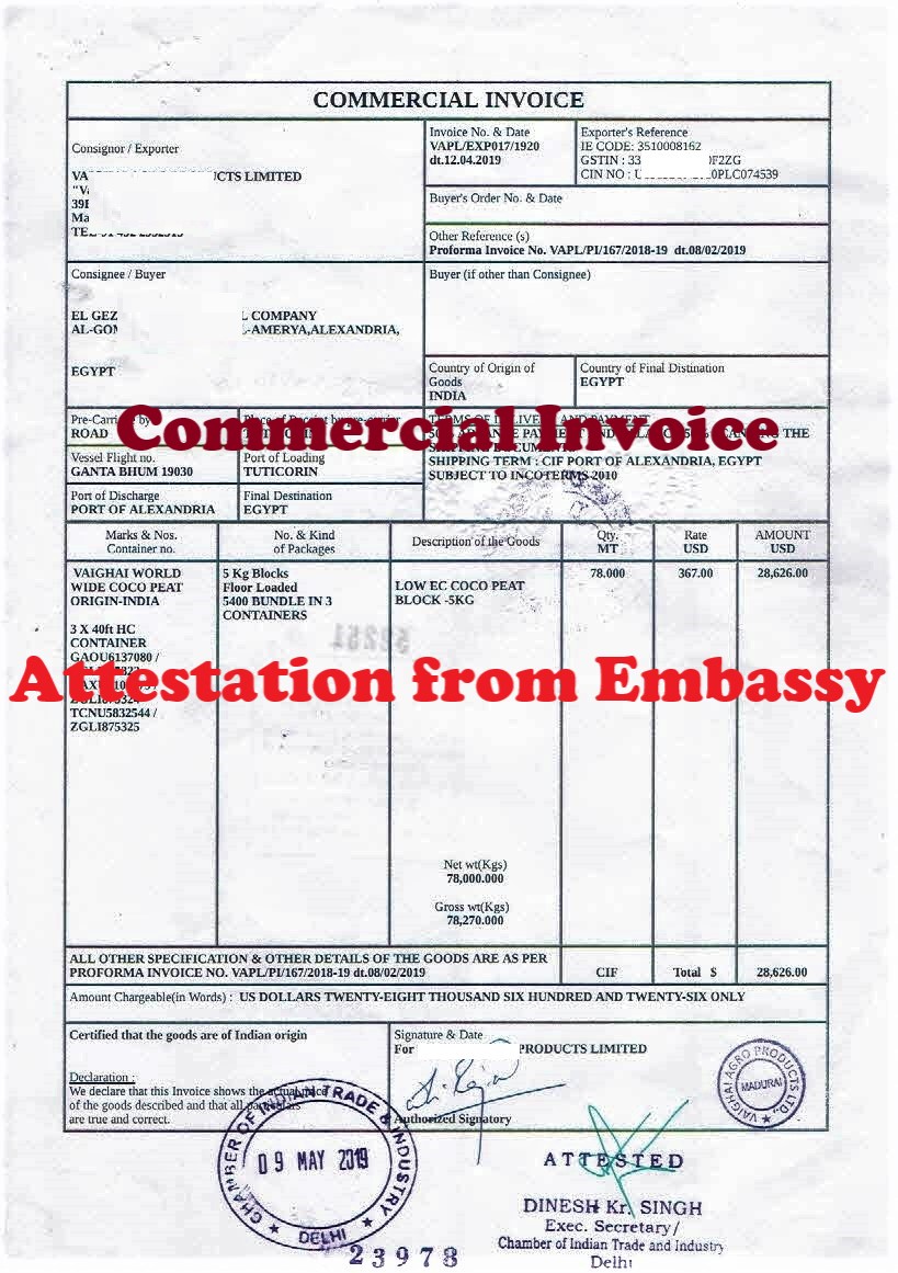 Commercial Invoice Attestation from Afghanistan Embassy
