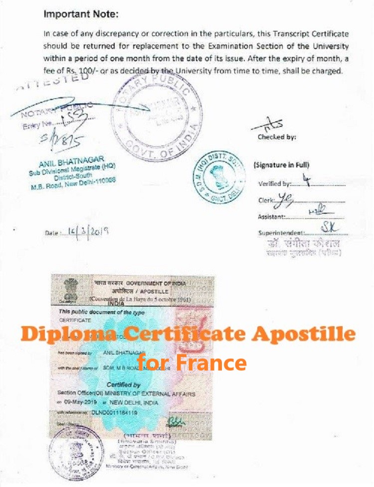 Diploma Certificate Apostille for France India