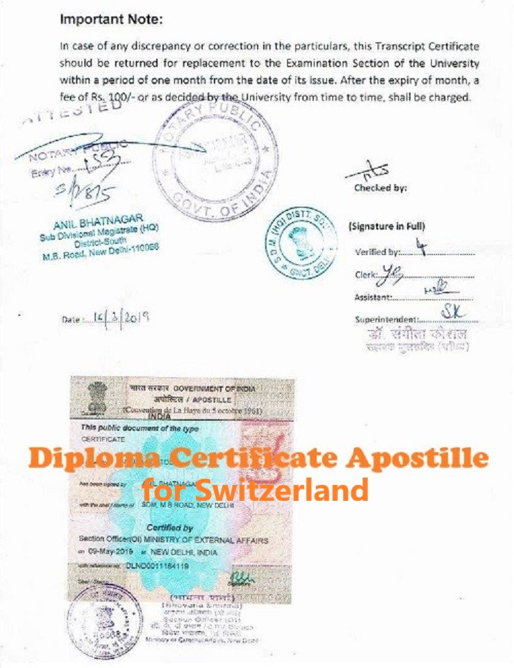 Diploma Certificate Apostille for Switzerland India