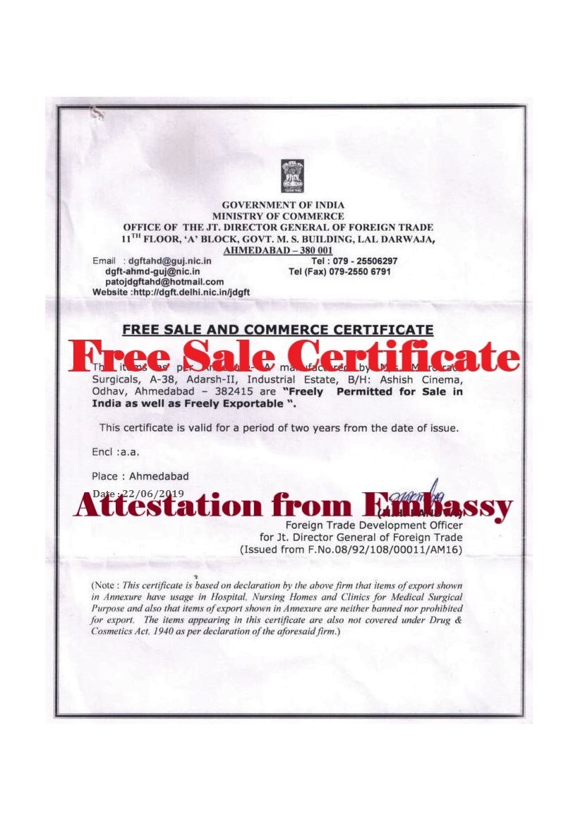 Free Sale Certificate Attestation from Czechoslovakia Embassy