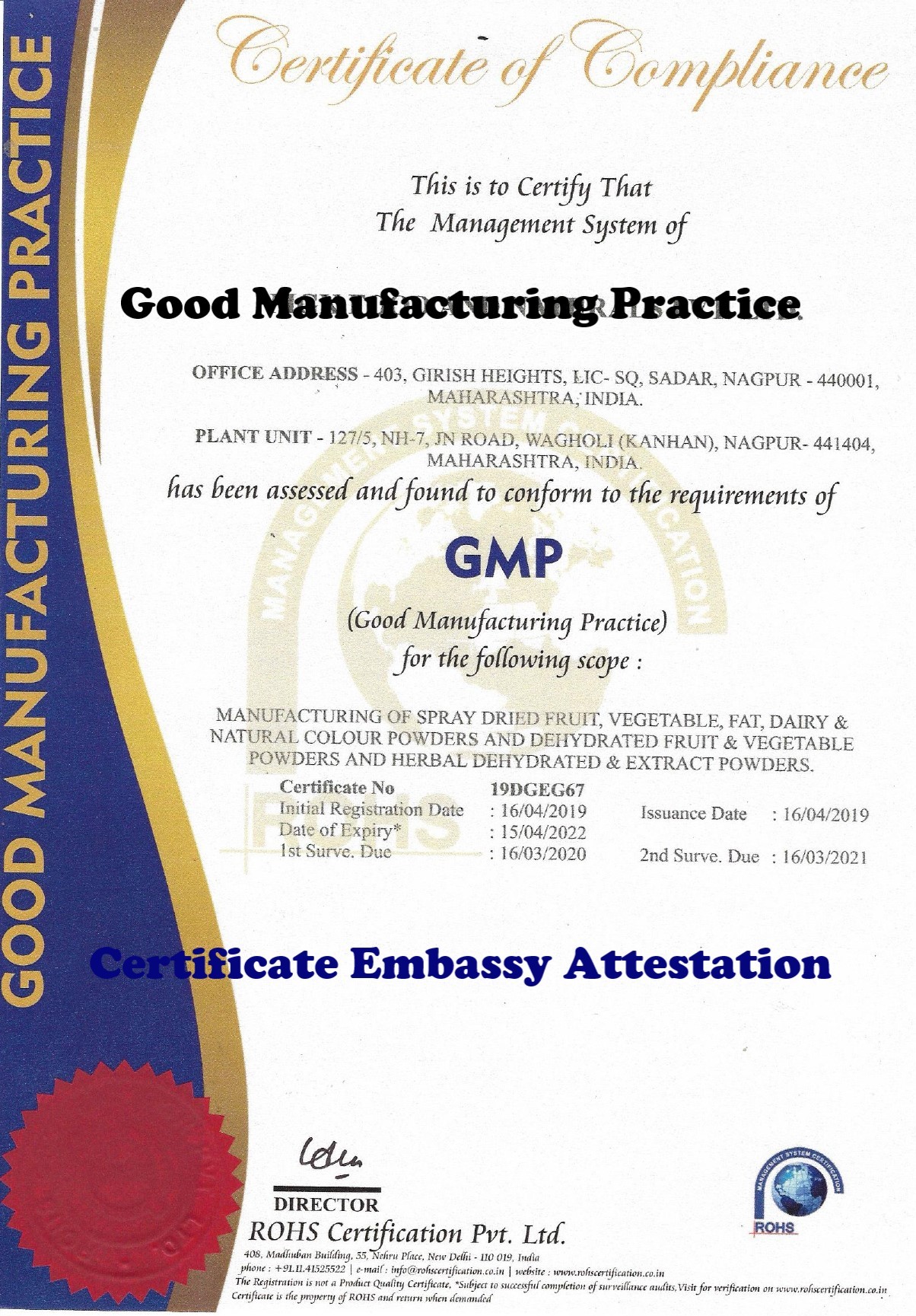 GMP Certificate Attestation from Jamaica Embassy
