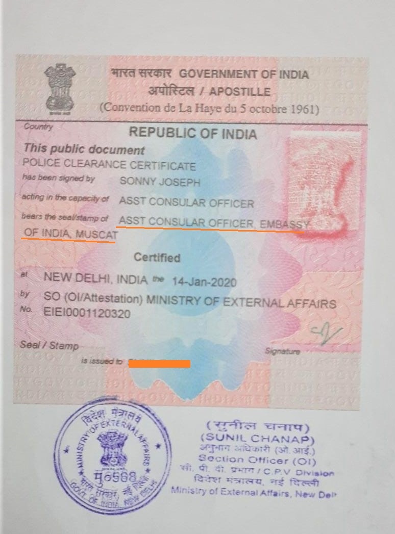 Police Clearance Certificate Apostille from MEA