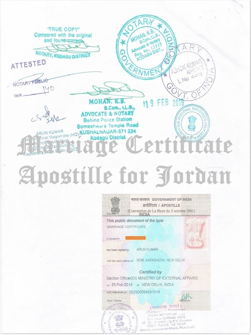 Marriage Certificate Apostille for Jordan in India
