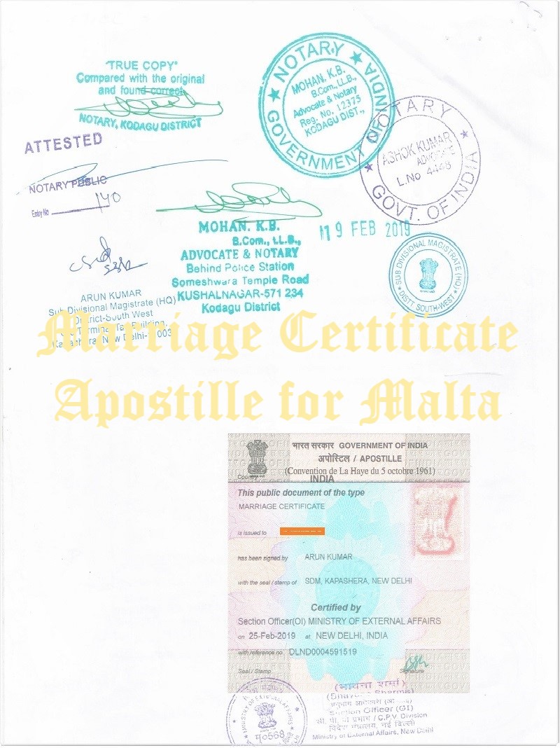 Marriage Certificate Apostille for Malta in India