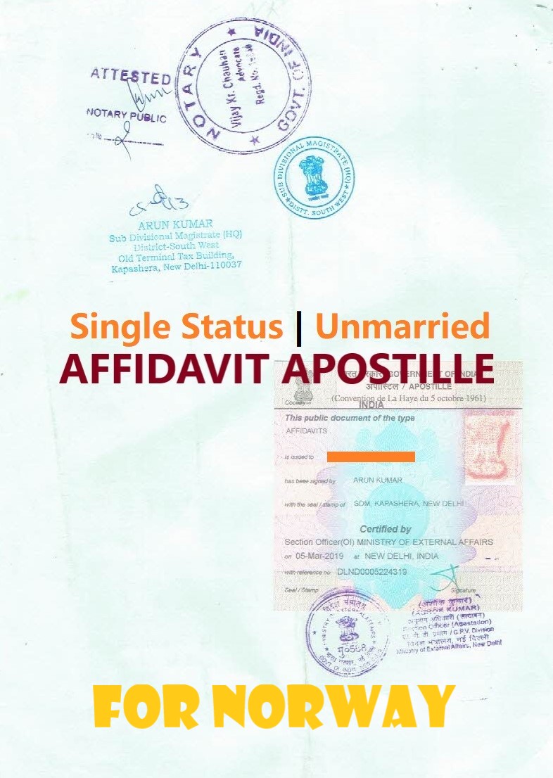 Unmarried Affidavit Certificate Apostille for Norway in India