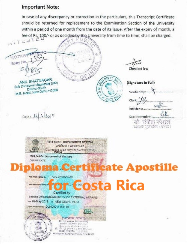 Diploma Certificate Apostille for Costa Rica India