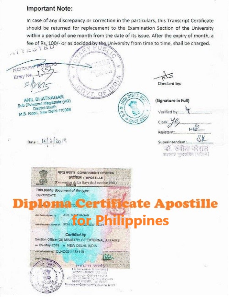 Diploma Certificate Apostille for Philippines India