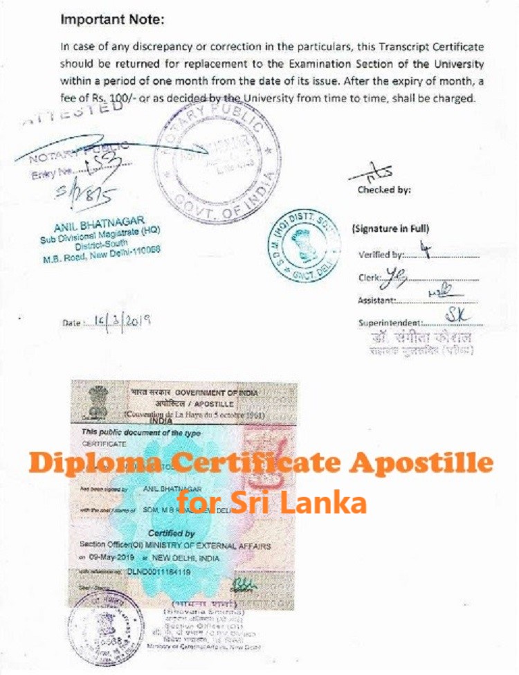 Diploma Certificate Apostille for Sri Lanka India